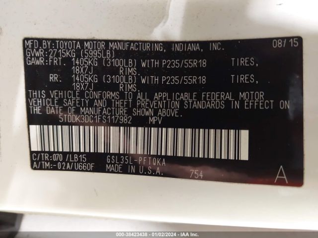 5TDDK3DC1FS117982 Toyota Sienna Limited Premium 7 Passenger