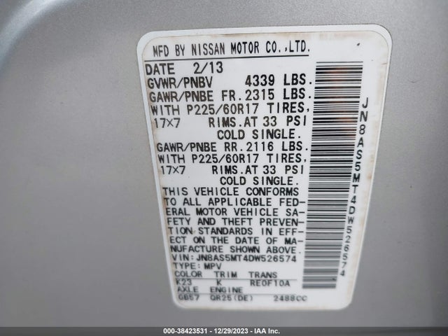 2013 NISSAN ROGUE SV VIN: JN8AS5MT4DW526574