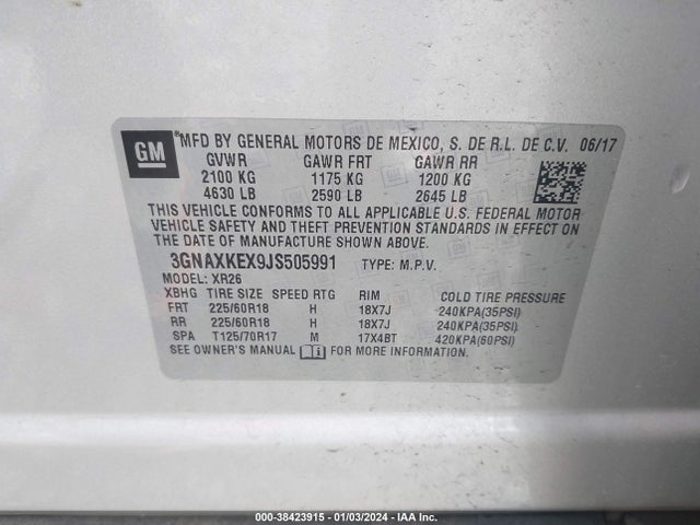 Chevrolet EQUINOX LT 2018 3GNAXKEX9JS505991 Image 9