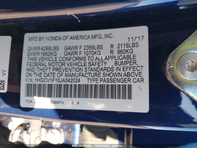 Honda ACCORD LX 2018 1HGCV1F10JA042024 Image 9