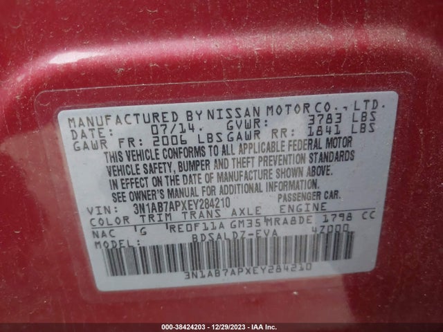 2014 NISSAN SENTRA SV VIN: 3N1AB7APXEY284210