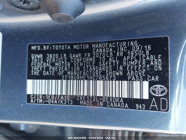 Toyota COROLLA L 2017 2T1BURHE1HC765673 Image 9
