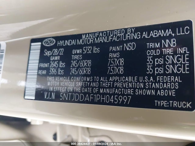 2023 HYUNDAI SANTA CRUZ SEL PREMIUM VIN: 5NTJDDAF1PH045997