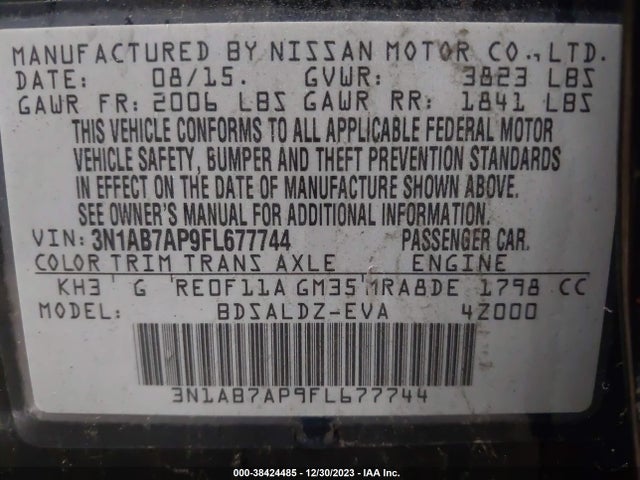 2015 NISSAN SENTRA SV VIN: 3N1AB7AP9FL677744