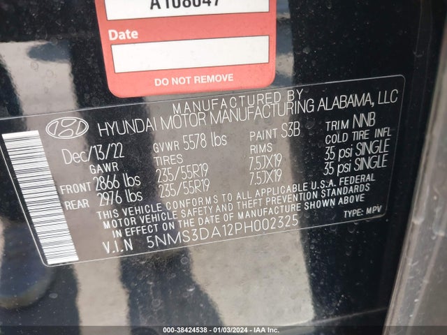 2023 HYUNDAI SANTA FE HYBRID SEL PREMIUM VIN: 5NMS3DA12PH002325