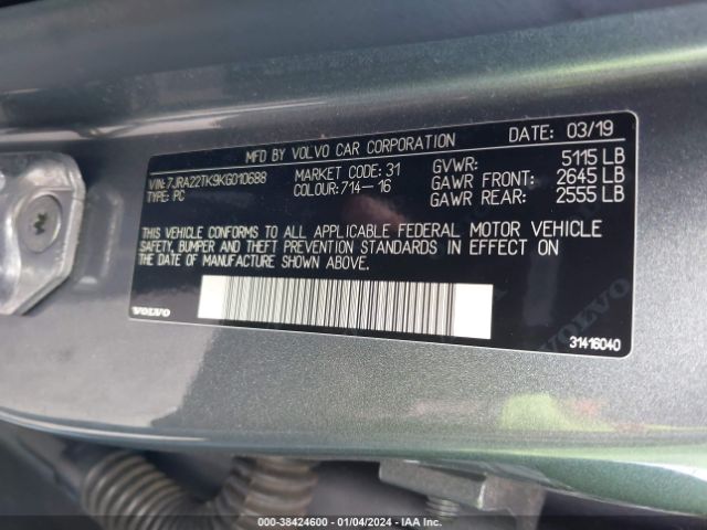 7JRA22TK9KG010688 Volvo S60 T6 Momentum