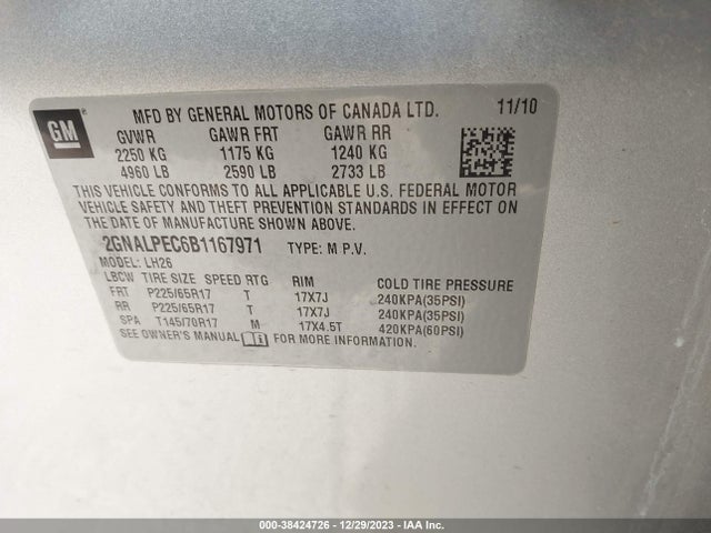 2011 CHEVROLET EQUINOX 2LT VIN: 2GNALPEC6B1167971