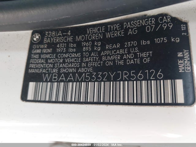 2000 BMW 3 SERIES 328I VIN: WBAAM5332YJR56126