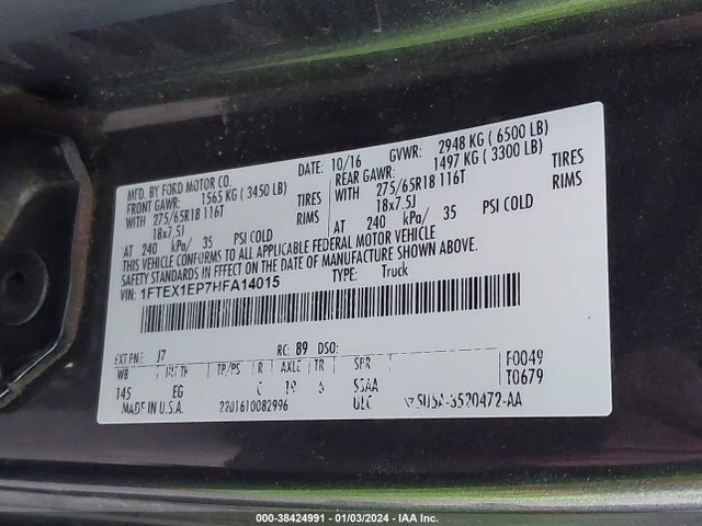 2017 FORD F-150 LARIAT VIN: 1FTEX1EP7HFA14015