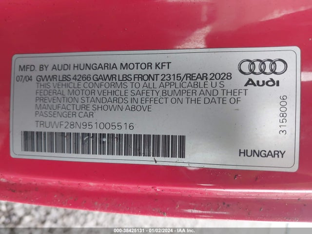 2005 AUDI TT 3.2L (AUTO DIRECT SHIFT) VIN: TRUWF28N951005516