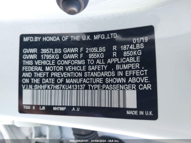 SHHFK7H67KU413137 Honda CIVIC EX
