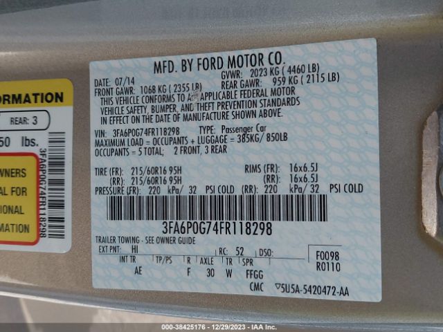 3FA6P0G74FR118298 Ford FUSION S