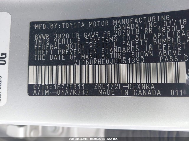 Toyota COROLLA LE 2018 2T1BURHE0JC051393 Image 9