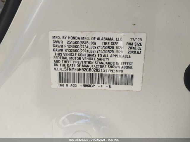 5FNYF5H92GB020215 Honda Pilot Touring
