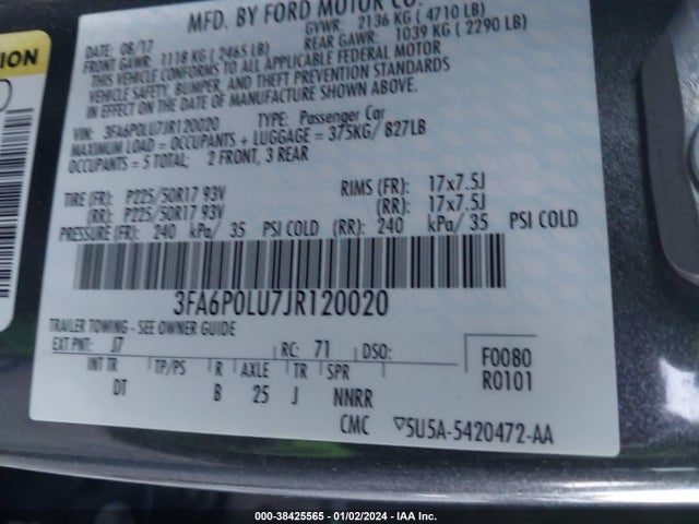 2018 FORD FUSION HYBRID SE VIN: 3FA6P0LU7JR120020