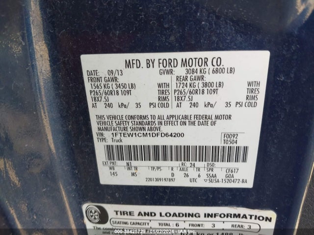 2013 FORD F-150 XLT VIN: 1FTEW1CM1DFD64200