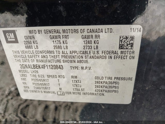 Chevrolet EQUINOX 1LT 2015 2GNALBEK4F1120843 Image 9