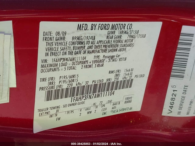 2010 FORD FOCUS SE VIN: 1FAHP3FN7AW111104