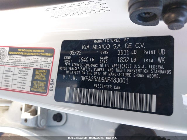2022 KIA RIO 5-DOOR S VIN: 3KPA25AD9NE483001