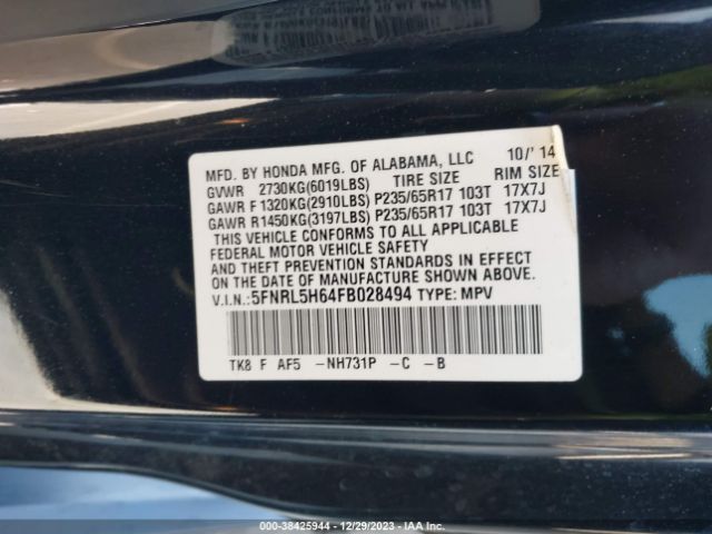 5FNRL5H64FB028494 Honda Odyssey Ex-l