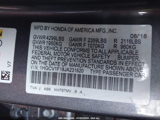 2018 HONDA ACCORD LX VIN: 1HGCV1F18JA231620
