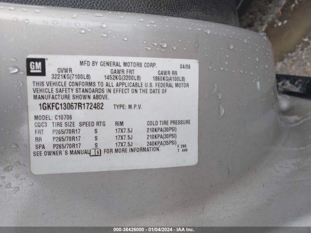 2007 GMC YUKON SLT VIN: 1GKFC13067R172482