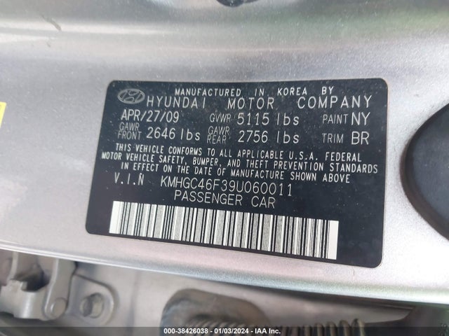 2009 HYUNDAI GENESIS 4.6 VIN: KMHGC46F39U060011
