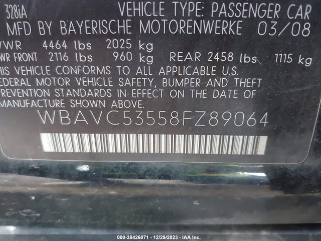 Продажа на аукционе авто 2008 Bmw 328i, vin: WBAVC53558FZ89064, номер лота: 38426071