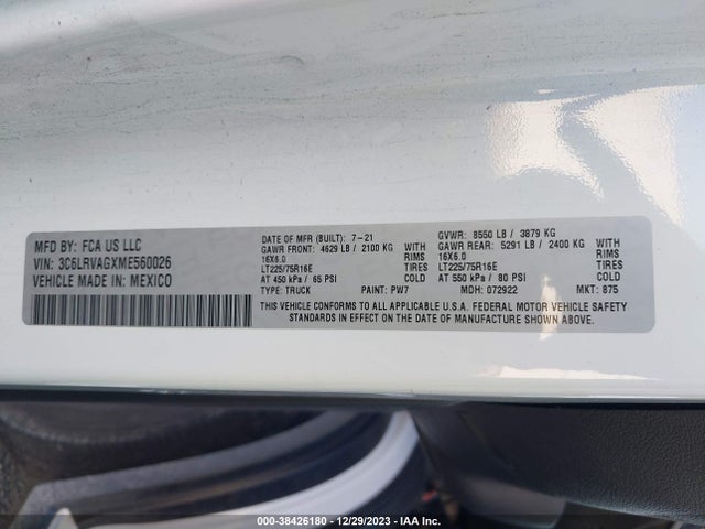 Aukcja sprzedaży 2021 Ram Promaster 1500, vin: 3C6LRVAGXME560026, numer aukcji: 38426180