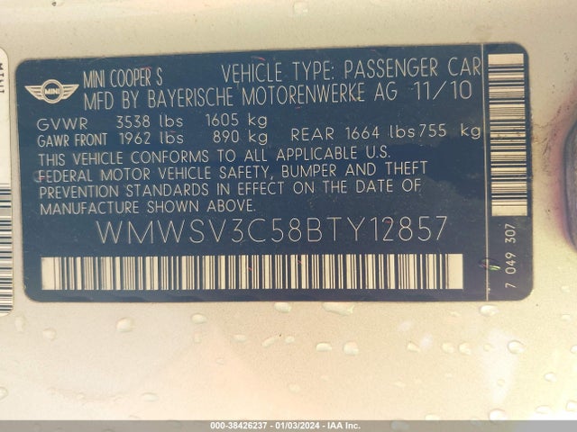2011 MINI COOPER S WMWSV3C58BTY12857 Photo 8