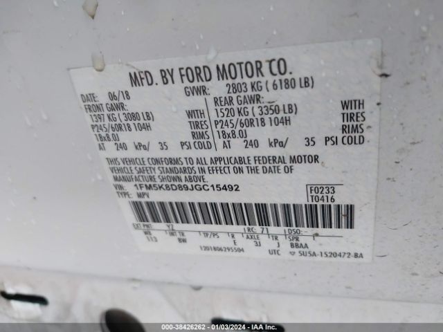 1FM5K8D89JGC15492 Ford EXPLORER XLT