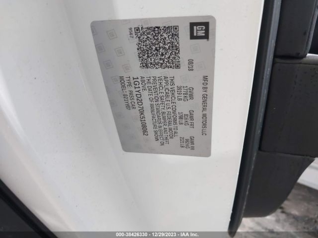 Chevrolet CORVETTE STINGRAY 2019 1G1YD2D70K5108062 Image 9