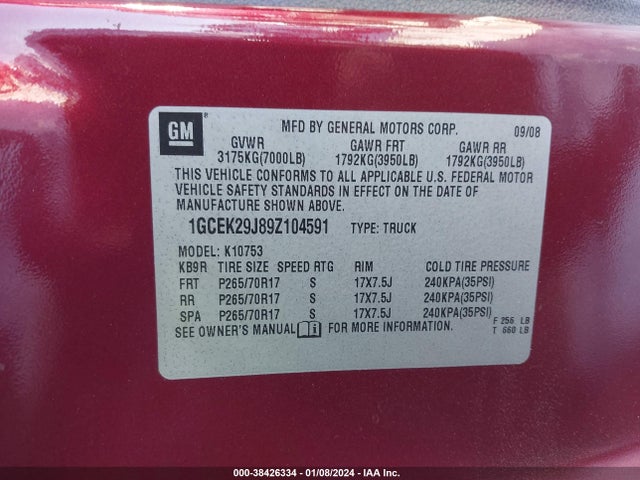 2009 CHEVROLET SILVERADO 1500 LT VIN: 1GCEK29J89Z104591