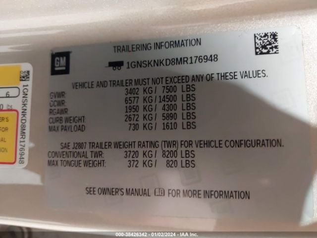 1GNSKNKD8MR176948 Chevrolet Tahoe 4wd Lt