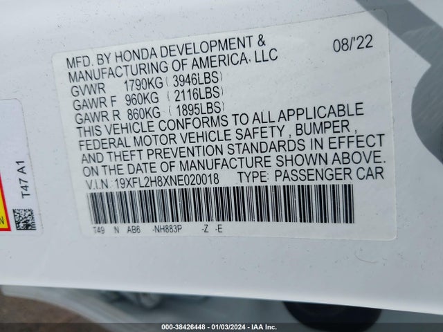 Honda Civic Sport 2022 19XFL2H8XNE020018 Image 9