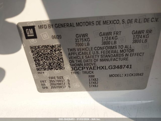 3GCPYAEHXLG348741 Chevrolet Silverado 1500 4wd  Short Bed Wt