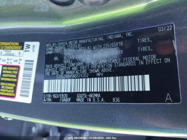 Toyota Highlander Xle 2022 5TDGZRBH5NS574352 Image 9