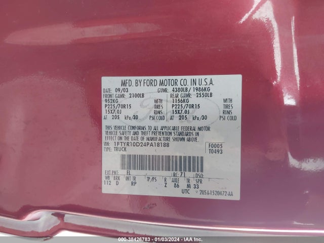 2004 FORD RANGER XL/XLT VIN: 1FTYR10D24PA18188