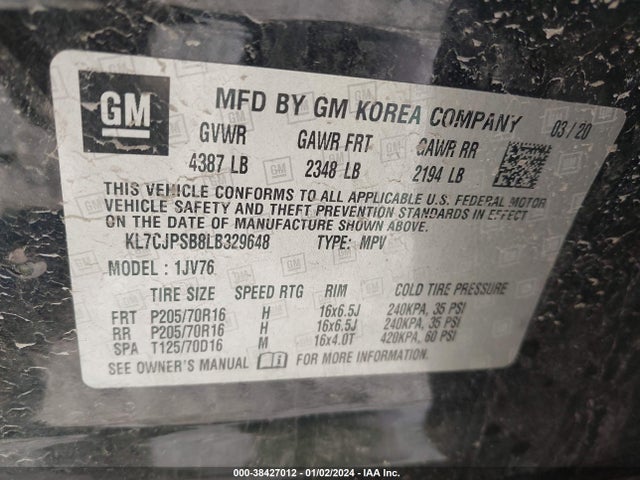 Chevrolet Trax Awd Lt 2020 KL7CJPSB8LB329648 Image 9