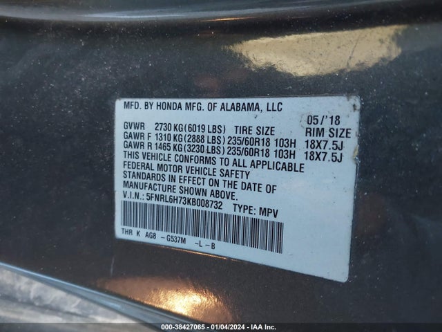 Honda Odyssey Ex-l 2019 5FNRL6H73KB008732 Image 9