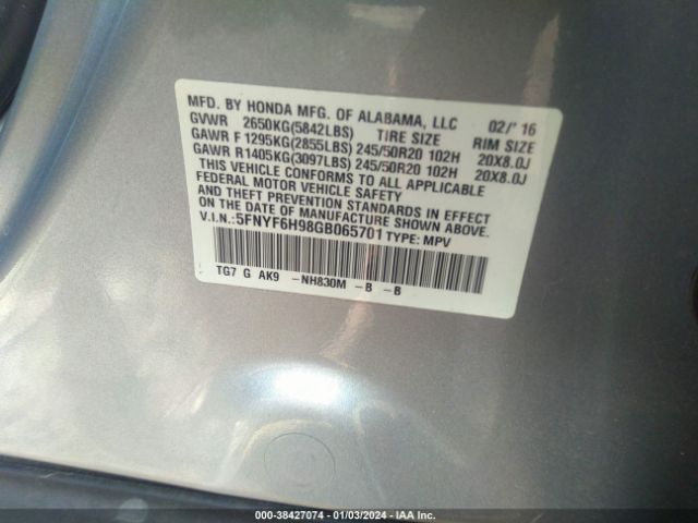 5FNYF6H98GB065701 Honda Pilot Touring