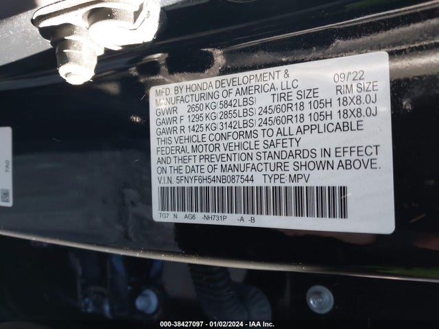 Honda Pilot Awd Ex-l 2022 5FNYF6H54NB087544 Image 9