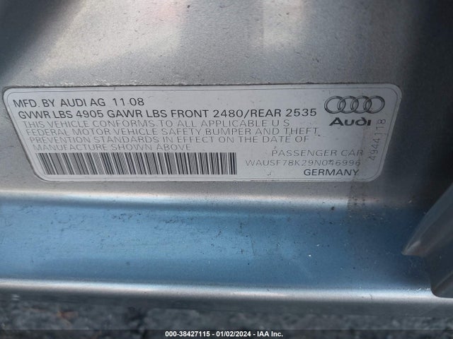 2009 AUDI A4 2.0T PREMIUM VIN: WAUSF78K29N046996