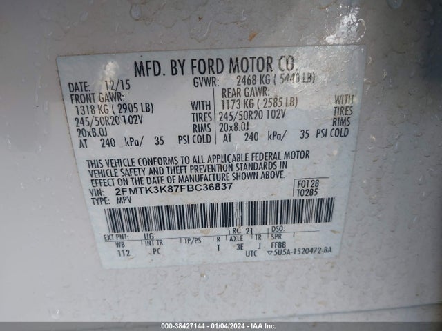 2015 FORD EDGE TITANIUM VIN: 2FMTK3K87FBC36837