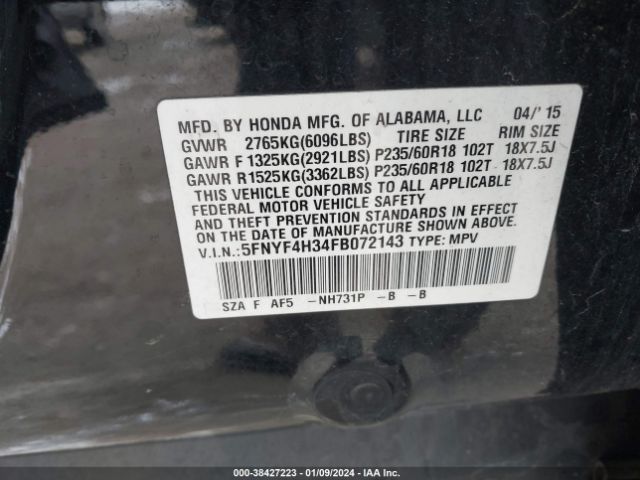 5FNYF4H34FB072143 Honda PILOT SE
