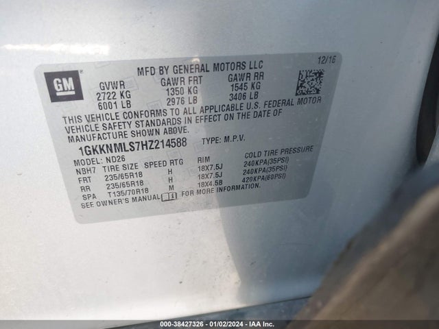 GMC Acadia Slt-1 2017 1GKKNMLS7HZ214588 Image 9