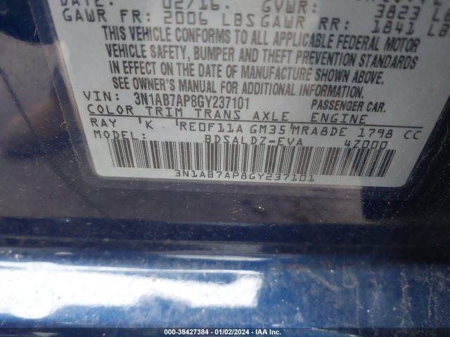 2016 NISSAN SENTRA SV VIN: 3N1AB7AP8GY237101