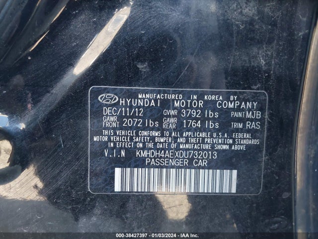 2013 HYUNDAI ELANTRA GLS (ULSAN PLANT) VIN: KMHDH4AEXDU732013