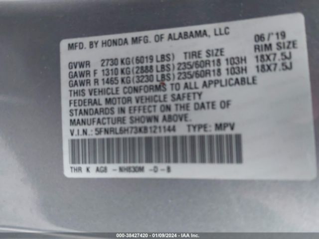 5FNRL6H73KB121144 Honda Odyssey Ex-l