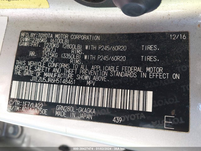Toyota 4runner Limited 2017 JTEZU5JR6H5148461 Image 9